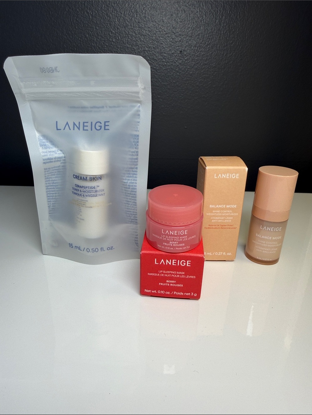 LANEIGE set of 3 Minis new/unused. Lip in Berry, Cream Skin, Balance Mode